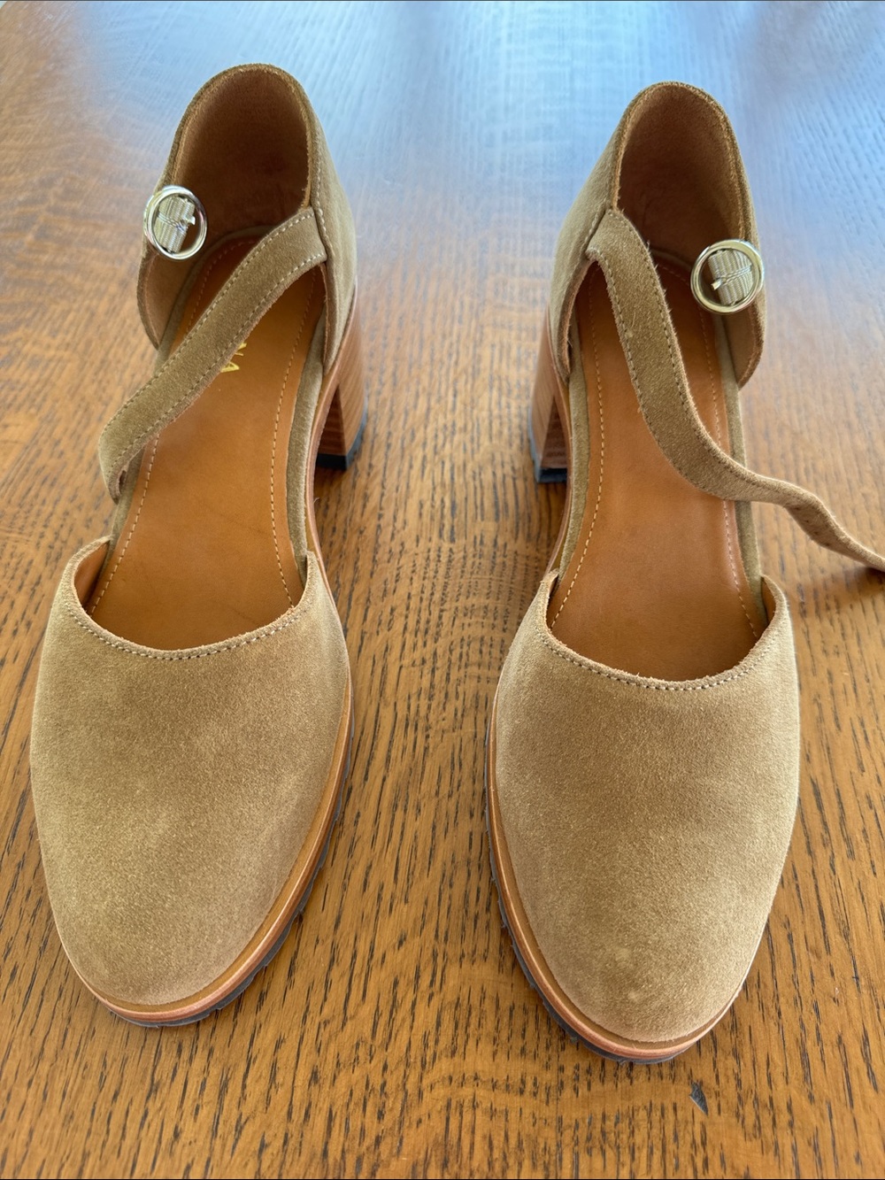Suede Tan Block Heel Mary Jane Pumps with Ankle Strap